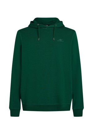 Vihreä huppari, joka on valmistettu pehmeästä kankaasta ja jossa on etupuolella kengurupocket, säädettävä naru-huppu sekä ribbikantit hihansuissa ja helmoissa. Huomaamaton logo yksityiskohta rinnassa.