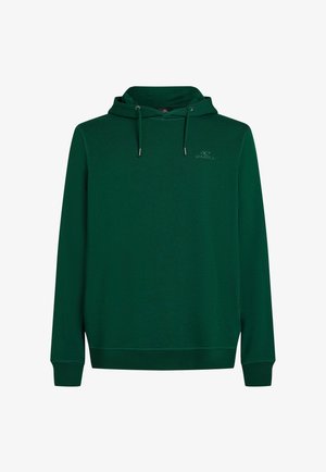 Vihreä huppari, joka on valmistettu pehmeästä kankaasta ja jossa on etupuolella kengurupocket, säädettävä naru-huppu sekä ribbikantit hihansuissa ja helmoissa. Huomaamaton logo yksityiskohta rinnassa.