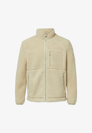 Veste en polaire couleur crème avec un col montant, fermeture éclair à l'avant et deux poches latérales ; tissu texturé et une poche poitrine.