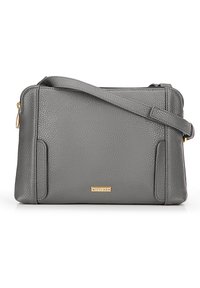 Graue Leder-Crossbody-Tasche mit strukturierter Oberfläche, goldenen Hardware-Details und Logo-Plakette. Verfügt über einen Reißverschluss und einen verstellbaren Tragegurt.