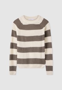 Maglione a righe in maglia con strisce alternate di crema e marrone, scollo rotondo e orlo e polsini a coste per una maggiore texture e vestibilità.