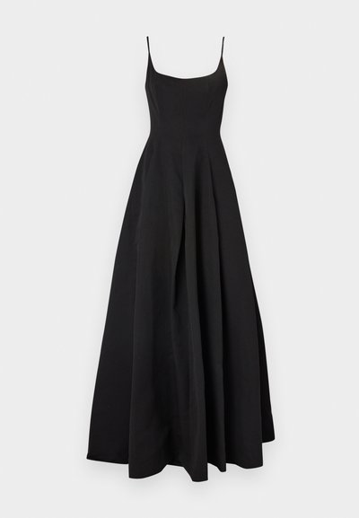 Juodas be rankovių suknelė su prigludusia liemene ir laisvai krentančia A formos sijonu. Pagaminta iš lygaus audinio, pasižyminti klasikine siluetu ir minimaliu dizainu.