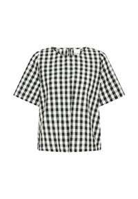 Blouse à manches courtes à carreaux noir et blanc avec encolure ronde et détail subtil de couture diagonale à l'avant.