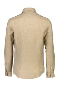 Beige overhemd met lange mouwen van gestructureerde stof, met een puntkraag, manchetten met knopen en een gebogen zoom. Achteraanzicht weergegeven.