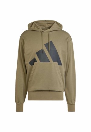 Khaki bluza z kapturem z kieszenią kangurką, z dużym czarnym geometrycznym wzorem logo z przodu. Miękka tkanina o luźnym kroju.