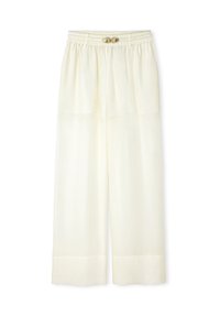 Helle Cremefarbene weit geschnittene Hose aus glattem Stoff mit einem elastischen Bund und dekorativem Bindeband an der Vorderseite.