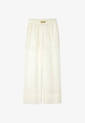Lichtcrème wijdvallende broek gemaakt van gladde stof met een elastische tailleband en decoratieve strikdetail aan de voorkant.