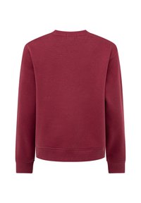 Burgundowa bluza z długimi rękawami, okrągłym dekoltem i ściągaczami u rękawów oraz na dole. Gładka tekstura, bez wzorów i ozdób.