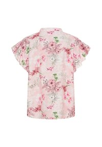 Blomstret bluse i lyserødt stof med sorte og grønne blomstermønstre. Har korte, flæseærmer og en krave bagpå.