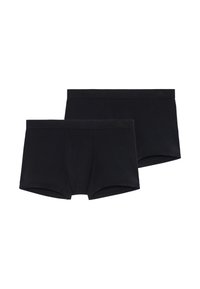 Czarne bawełniane szorty typu boxer, oferowane w parze, z gładką teksturą, elastycznym paskiem w talii i minimalnym logo z przodu.