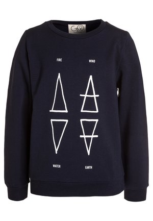 Marineblå sweatshirt med hvide geometriske symboler mærket Ild, Vind, Vand og Jord på forsiden.