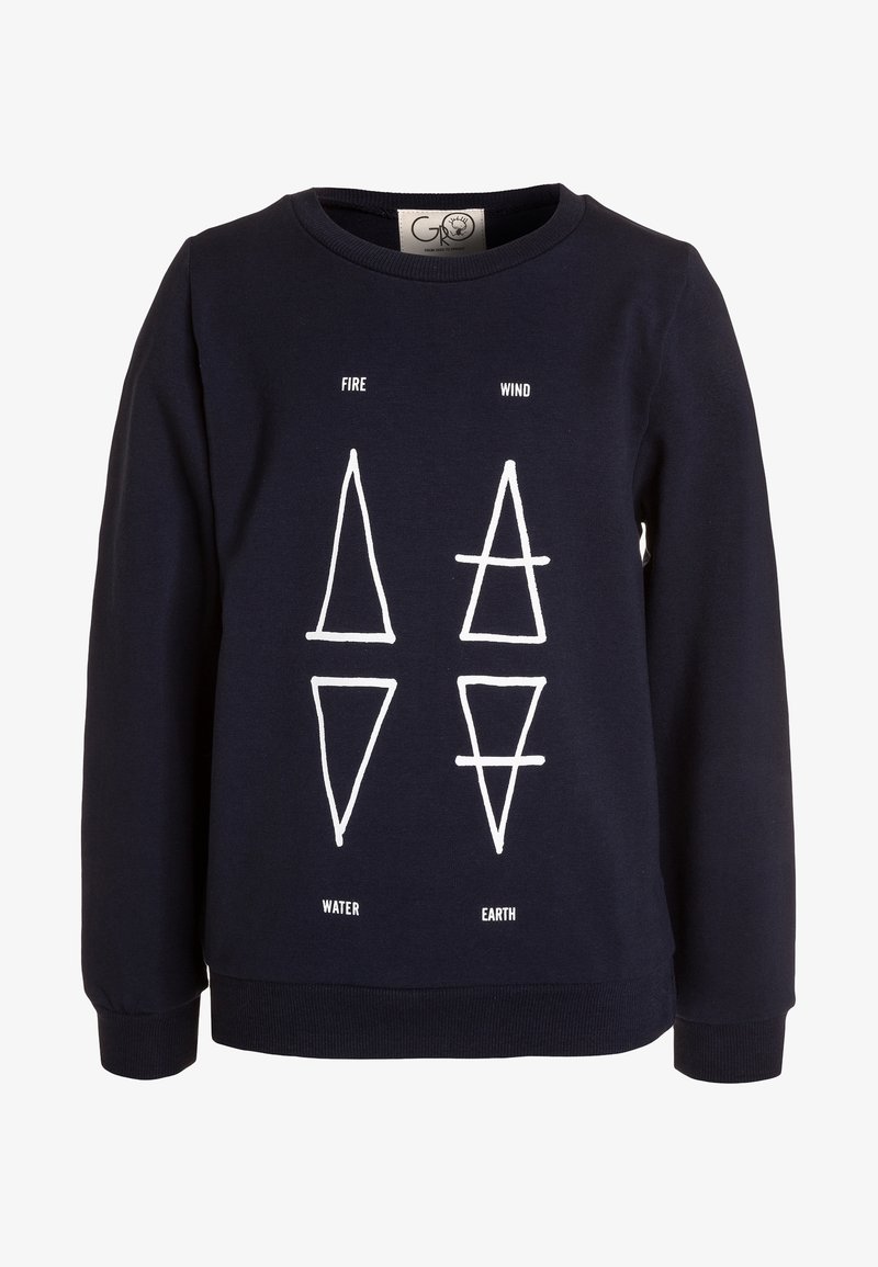 Sweat-shirt bleu marine avec des symboles géométriques blancs étiquetés Feu, Vent, Eau et Terre sur le devant.