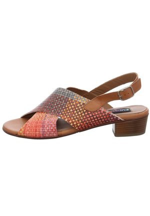 Women’s open-toe sandal with multicolor woven straps, adjustable tan ankle strap, and low wooden block heel.