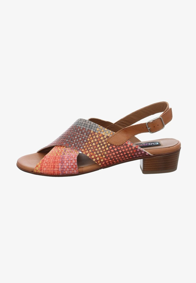 Women’s open-toe sandal with multicolor woven straps, adjustable tan ankle strap, and low wooden block heel.