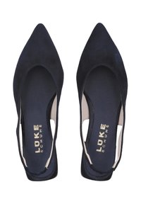 Navyblaue Wildlederflats mit spitzem Design, ausgestattet mit ausgeschnittenen Seiten und einem glatten Innenraum. Goldene Branding "LUKE SCHUHE" sichtbar.