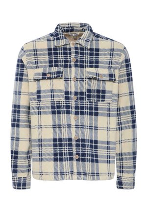 Navy blue and cream plaid shirt jacket made of soft fabric, featuring two chest pockets and wooden buttons down the front.