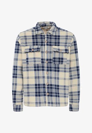 Navyblauw en crème geruite shirtjack gemaakt van zachte stof, met twee borstzakken en houten knopen aan de voorkant.