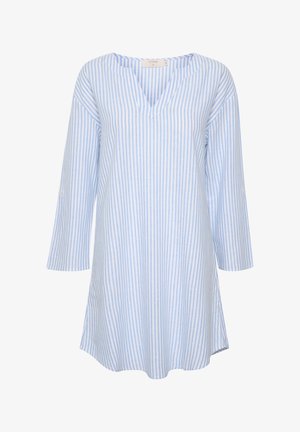 Vaaleansininen ja valkoinen raidallinen tunika, jossa on V-pääntie, kolmannes-hihat ja väljä malli. Valmistettu pehmeästä kankaasta, jonka pinta on sileä.