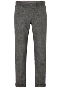 Pantalon gris tissé à motif à carreaux, avec une fermeture à boutons et des revers roulés. Confectionné dans un tissu texturé pour plus de dimension.