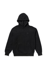 Czarna bluza z kapturem wykonana z materiału polarowego, z kieszenią kangurzą, kapturem na sznurku oraz ściągaczami na rękawach, z dyskretnym logo na piersi.