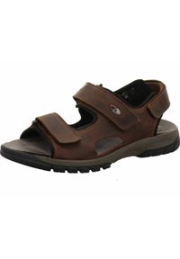 Brown leather sandal with Velcro straps, open-toe design, cushioned insole, and textured rubber outsole for grip and comfort.