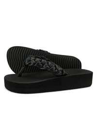 Black flip-flops with a braided PVC strap, textured footbed, and a thick rubber sole featuring horizontal ridges for grip.