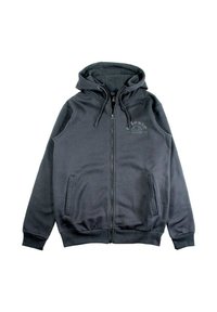 Sweat à capuche gris zippé en tissu lisse, doté d'une capuche avec cordon de serrage, de deux poches avant et d'un logo poitrine imprimé ton sur ton.