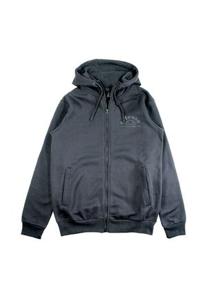 Sweat à capuche gris zippé en tissu lisse, doté d'une capuche avec cordon de serrage, de deux poches avant et d'un logo poitrine imprimé ton sur ton.