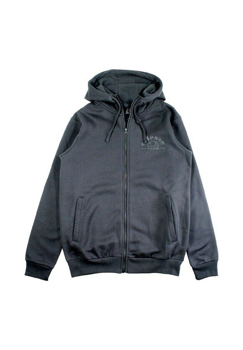 Sweat à capuche gris zippé en tissu lisse, doté d'une capuche avec cordon de serrage, de deux poches avant et d'un logo poitrine imprimé ton sur ton.