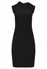 Vestido negro sin mangas con cuello tipo solapa, diseño ajustado y textura suave. Cuenta con un zipper en la parte posterior y corte a la altura de la rodilla.