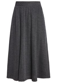 Jupe plissée grise en tissu texturé, avec une large taille et une silhouette fluide qui tombe sous le genou.