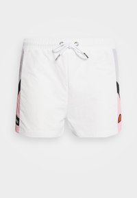 Shorts de bain blancs avec une taille élastique, un cordon de serrage et des accents latéraux en rose, noir et gris. Présente un écusson logo sur le côté.