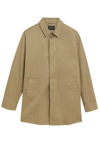 Beige, leichter Mantel aus glattem Stoff, mit Kragen, Knopf am Hals und zwei seitlichen Taschen. Schlichtes, gerades Design.