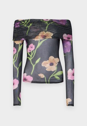 Top lungo con maniche off-the-shoulder in rete nera trasparente con stampa floreale colorata. Presenta tessuto arricciato sul colletto e una vestibilità aderente.