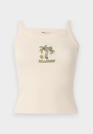 Camiseta sin mangas de canalé color crema con tirantes finos, con bordado en verde de una palmera y un sol sobre la palabra "Billabong" en el pecho.