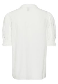 Blusa bianca con scollatura a colletto, maniche a palloncino corte e polsini arricciati. Tessuto liscio e vestibilità comoda. Nessun motivo o hardware visibile.