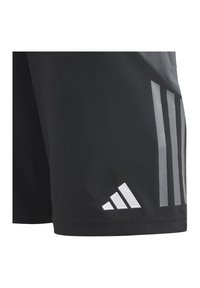 Zwarte sportshorts van gladde stof, met drie verticale grijze strepen en een geborduurd wit logo op de onderste linkerkant.