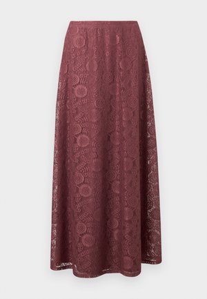 Μακριά φούστα από δαντέλα σε μωβ απόχρωση με ανθισμένα και γεωμετρικά μοτίβα, γραμμή A και λεία μέση.