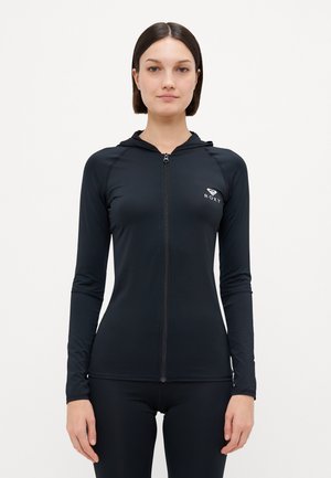Black zip-up hooded jacket with long sleeves, made from lightweight fabric. Features a small white logo on the chest and a fitted design.