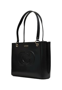Schwarze Leder-Tote-Bag mit eingeprägtem Logo, doppelten Griffen, goldfarbenen Beschlägen und einem strukturierten Design. Glatte Textur mit glänzender Oberfläche.