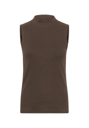 Brown sleeveless top with a high mock neck, made of ribbed fabric, featuring a slim fit and a smooth texture. Simple and versatile design.