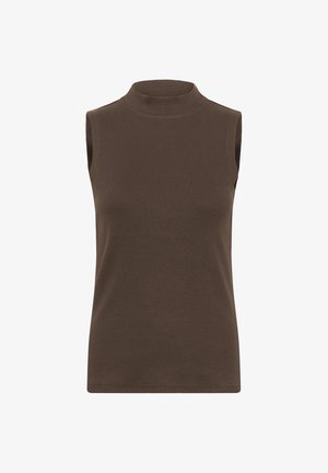 Brown sleeveless top with a high mock neck, made of ribbed fabric, featuring a slim fit and a smooth texture. Simple and versatile design.