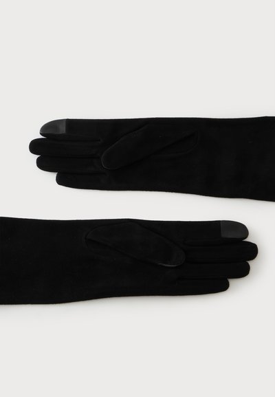 Paire de longs gants noirs avec embouts compatibles écran tactile sur l’index et le pouce, sur fond blanc.