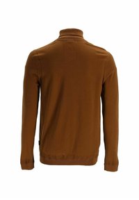Maglione marrone a maniche lunghe con collo alto. Tessuto morbido, design aderente e polsini a coste. Presenta un piccolo dettaglio di cucitura sul retro.