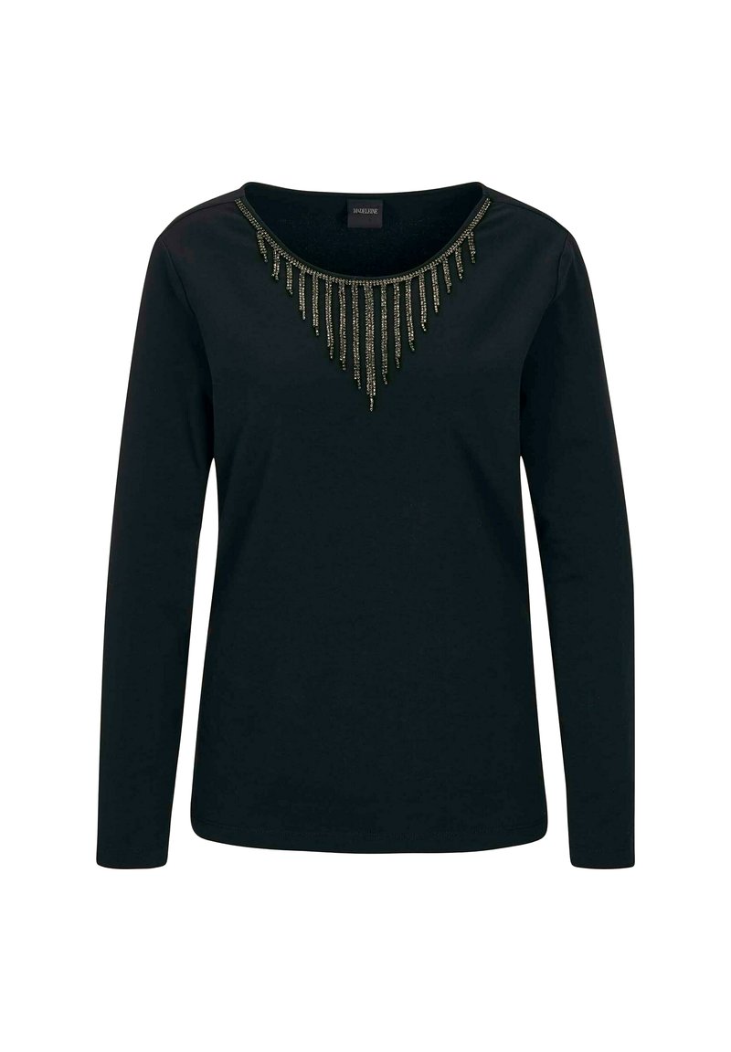 Schwarzes Langarmshirt mit runder Ausschnitt und einem mit Perlen verzierten Fransen-Design entlang des Ausschnitts, das eine strukturierte und dekorative Detail bietet.