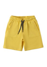 Pantaloni corti di cotone gialli con vita elastica, cordino blu scuro e due tasche anteriori a toppa. Tessuto liscio e design a taglio dritto.