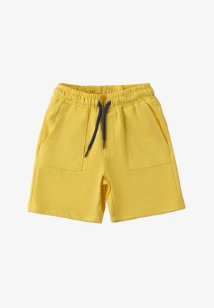 Pantalones cortos de algodón amarillos con una cinturilla elástica, cordones de color azul oscuro y dos bolsillos frontales tipo parche. Textura suave y diseño de corte recto.
