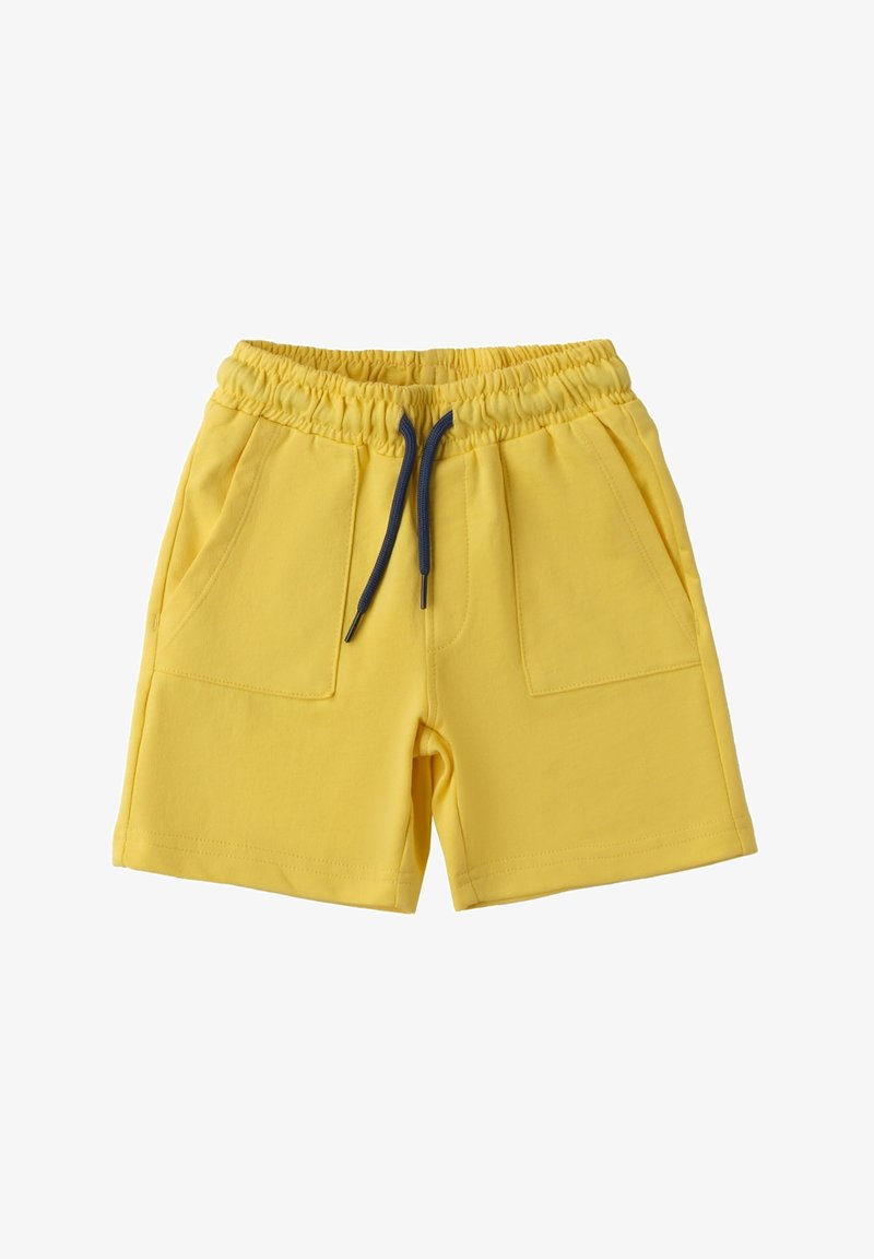 Pantalones cortos de algodón amarillos con una cinturilla elástica, cordones de color azul oscuro y dos bolsillos frontales tipo parche. Textura suave y diseño de corte recto.