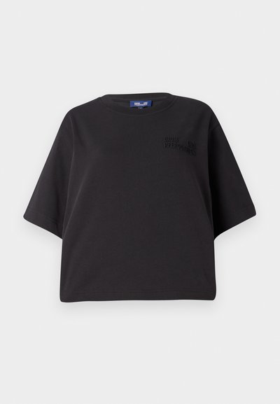 Black short-sleeve t-shirt made of cotton, featuring a relaxed fit and embossed branding on the front near the shoulder.