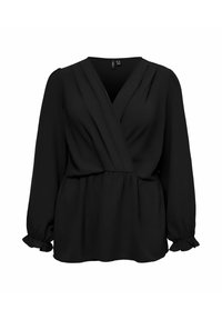 Blouse noire à manches longues avec un design portefeuille, dotée d'une taille froncée et de poignets à volants. Réalisée en tissu doux et lisse avec une finition mate.